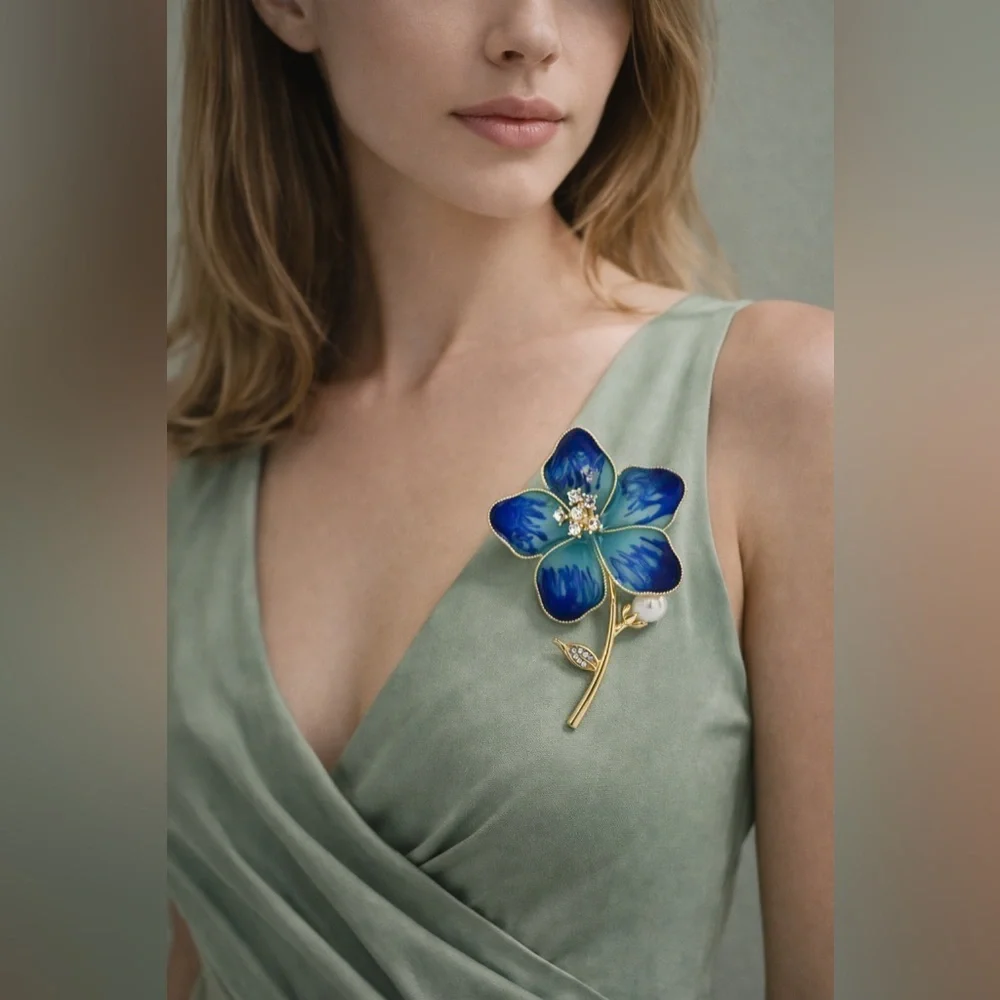 Blue Floral Blossom Gold Brooch